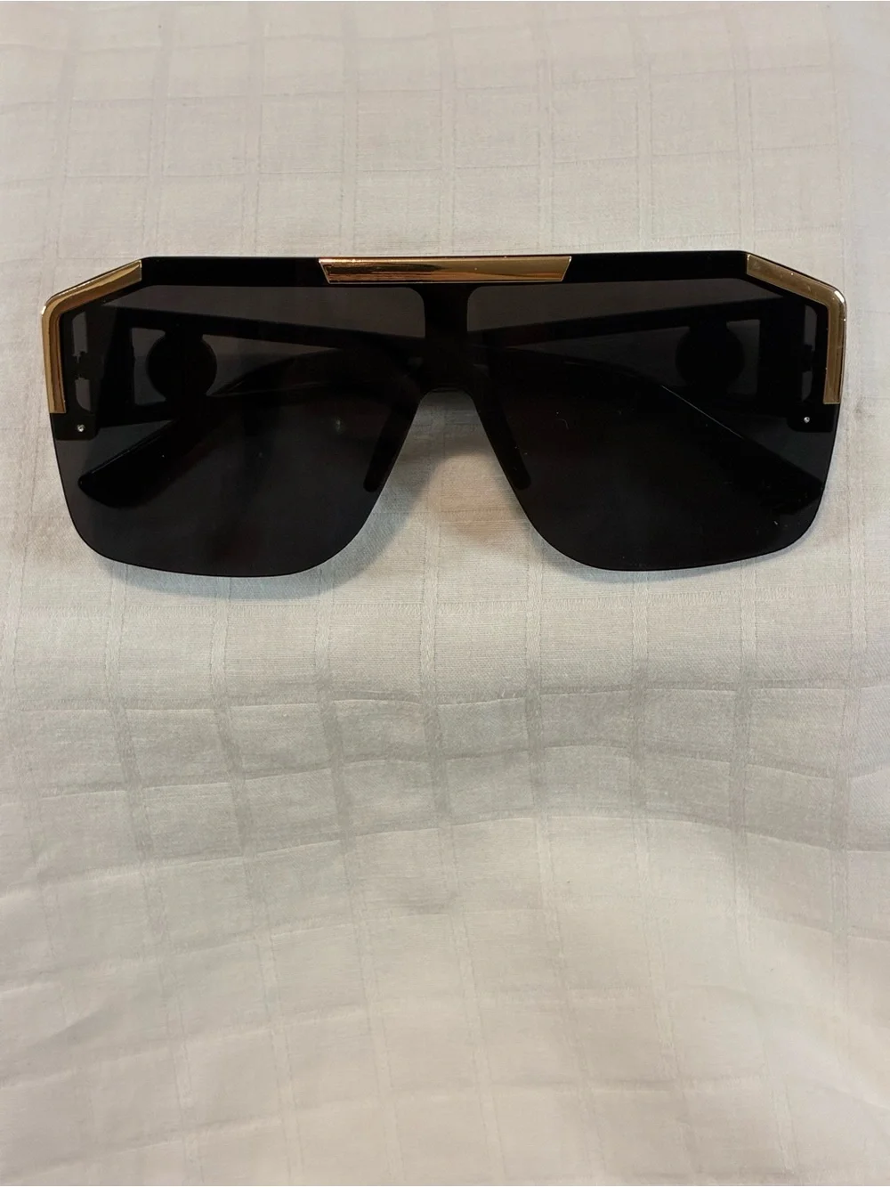 Men’s Black Shield Sunglasses with Gold Trim